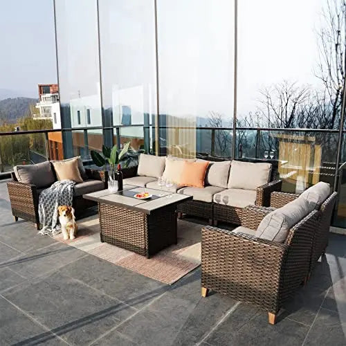 9-Piece Outdoor Patio Sofa Set Conversation Set with Fire Pit Table, PE Rattan Wicker - Brown Grand patio