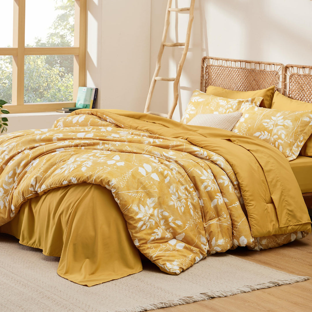 Bedsure Yellow King Comforter Set - 7 Pieces Floral Bedding Sets King Bed in a Bag with Reversible Botanical Flowers Comforter, Sheets, Pillowcases & Shams Bedsure