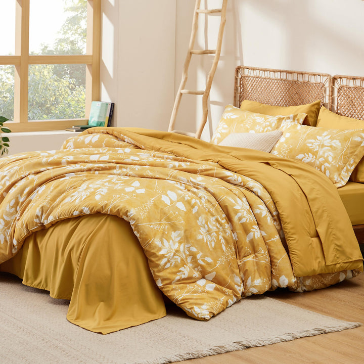 Bedsure Yellow King Comforter Set - 7 Pieces Floral Bedding Sets King Bed in a Bag with Reversible Botanical Flowers Comforter, Sheets, Pillowcases & Shams Bedsure