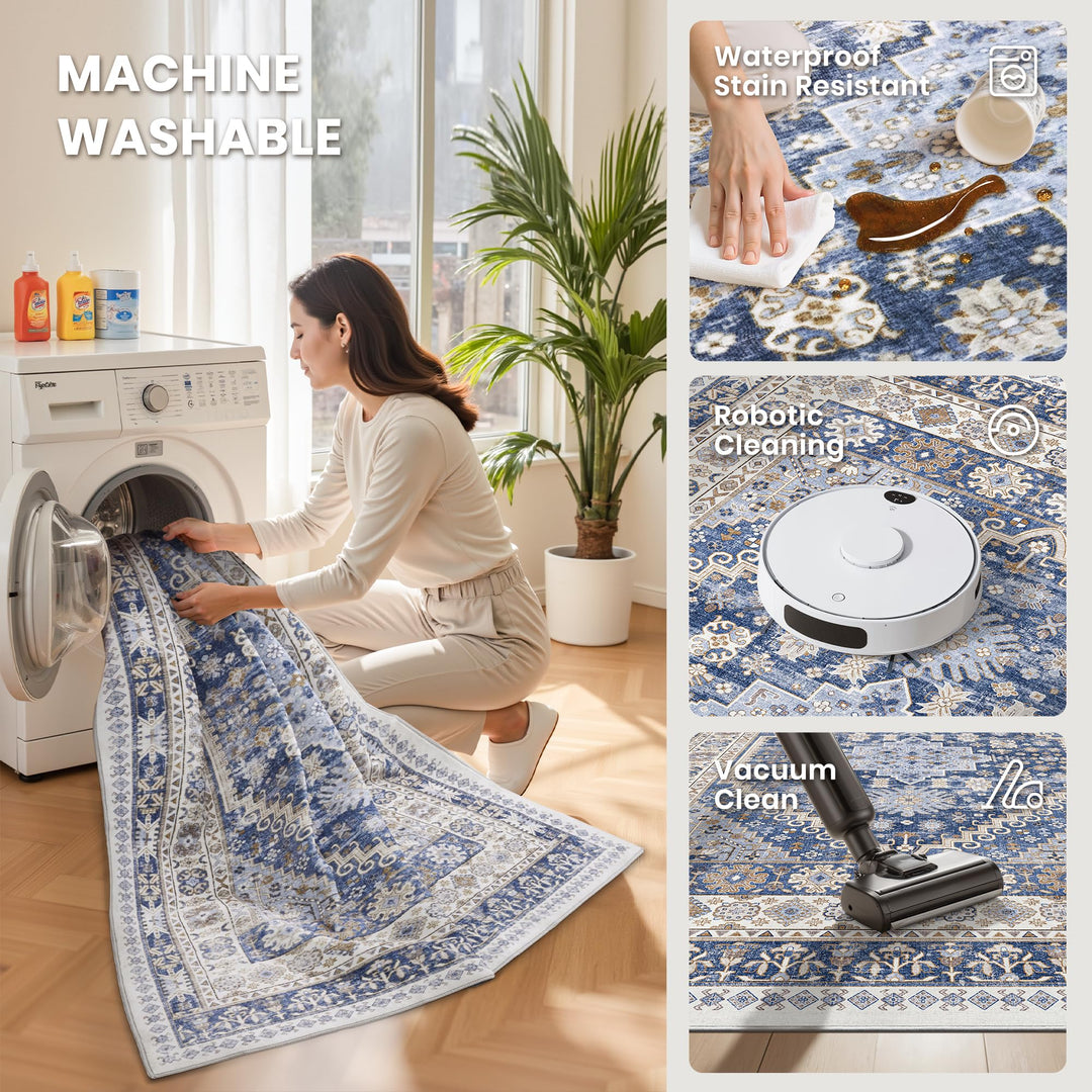 zesthome 8x10 Area Rugs for Living Room,Large Washable Rug,Blue