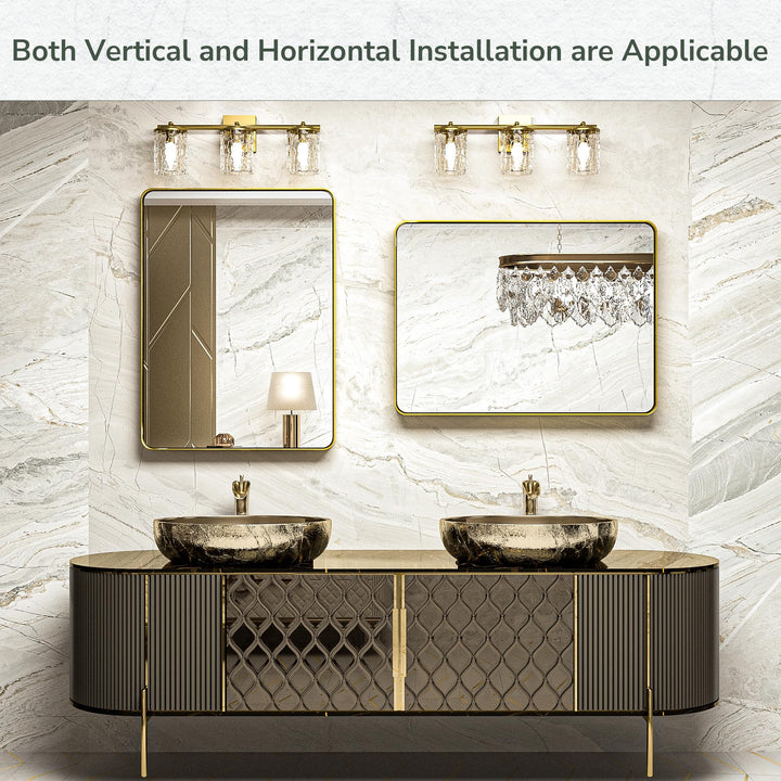 Gold mirrors hung vertically and horizontally above a double vanity, showing both orientations