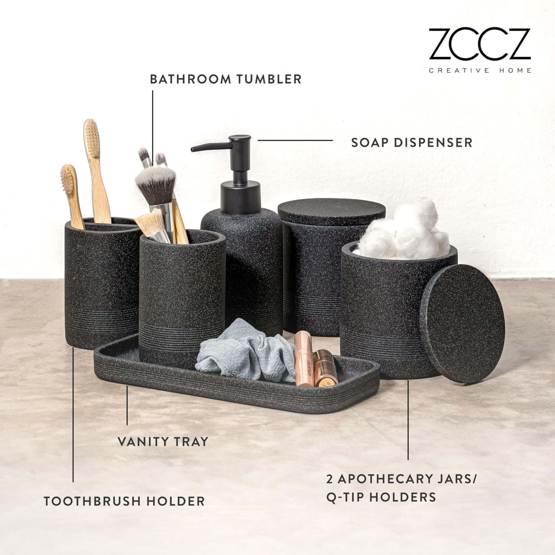 ZCCZ - Black Bathroom Accessories Set 6 Pcs - Toothbrush Holder, Lotion Soap Dispensers, 2 Qtip Holder Dispenser, Vanity Tray, Bathroom Tumbler - Countertop Vanity Organizer - Bathroom Accessory Set zccz