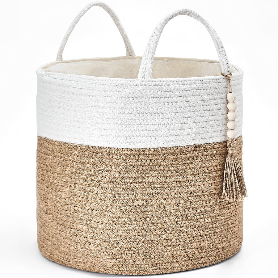 Mkono Woven Storage Basket Decorative Natural Rope Basket Wooden Bead Decoration for Blankets,Toys,Clothes,Shoes,Plant Organizer Bin with Handles Living Room Home Decor, 16"x13",White and Yellow Mkono