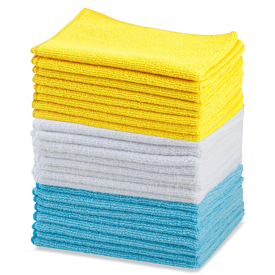 Amazon Basics Microfiber Cleaning Cloths, Pack of 24, Blue/White/Yellow, 16" x 12"