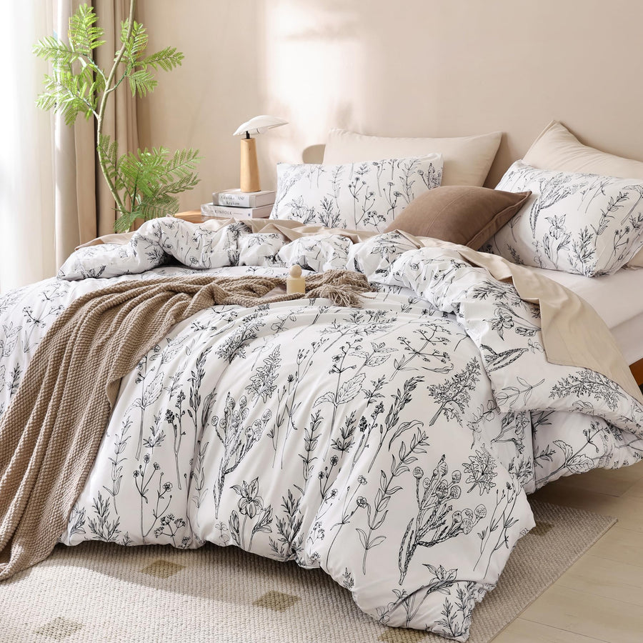 JANZAA Queen Comforter Set - Floral Comforters Queen Size, White Comforter, 3 Pieces, 1 Comforter (90"x90") & 2 Pillow Cases (20"x26"), White JANZAA