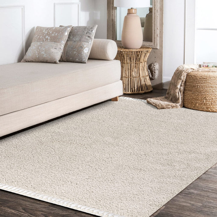 JONATHAN Y MCR100D-8 Mercer Shag Plush Tassel Indoor Area-Rug Bohemian Modern Contemporary Solid Easy-Cleaning Bedroom Kitchen Living Room, 8 X 10, Cream with Tassel 