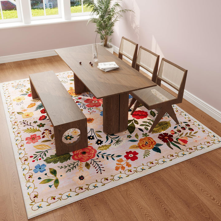 Rugcomf Washable Area Rug 8x10, Distressed Medallion, Beige