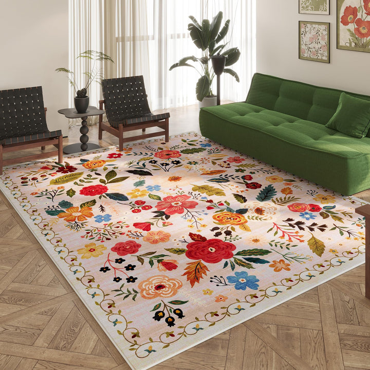 Rugcomf Washable Area Rug 8x10, Distressed Medallion, Beige
