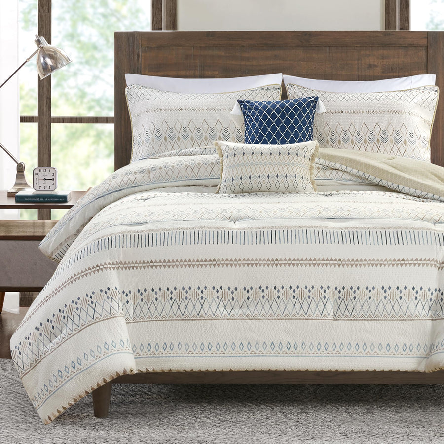 Madison Park Boho Comforter Set Queen Size,Seersucker Southwestern Farmhouse Queen Size Comforters, Diamond Printed Reverse, All Season Microfiber Fluffy Bedding Set, Full/Queen, Taupe/Blue 5 Pieces Madison Park