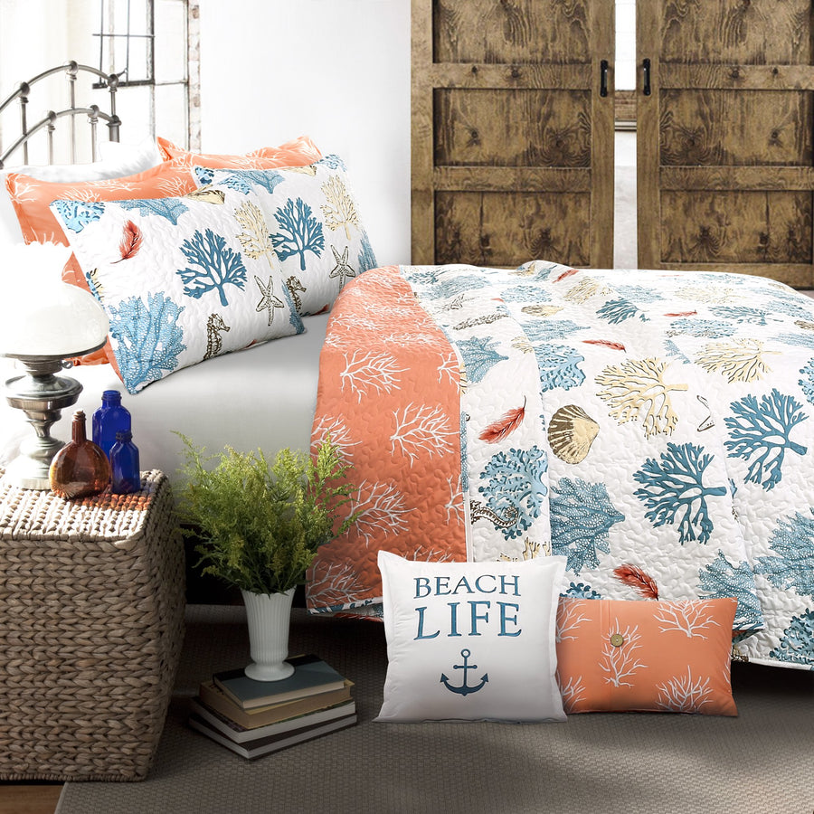 Lush Decor Coastal Reef Feather Reversible Quilt Set, 7 Piece Set, King, Blue & Coral - Tropical Beach Bedding Set With Throw Pillows - Coastal Quilts King Size - Beach House Decor Lush Decor