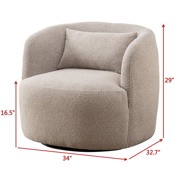 KINWELL 34" Wide Boucle Swivel Barrel Chairs Set of 2, No Assembly Round Upholstered Armchairs Accent Chairs Single Sofa Chair with Toss Pillow for Living Room and Bedroom, Taupe 