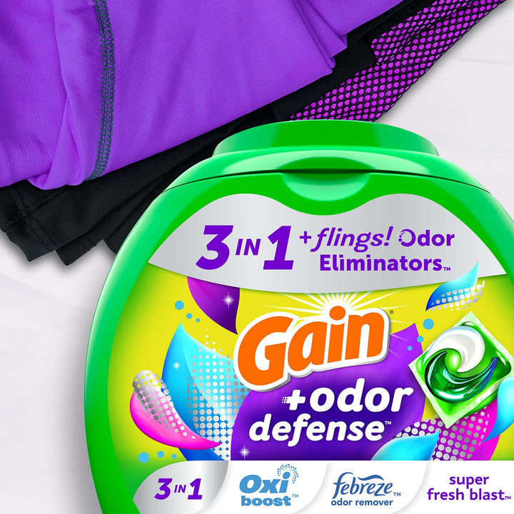 Gain Flings Laundry Detergent Soap Pacs with Odor Defense, Super Fresh Scent, 112 Count, 3 in 1 Laundry Pods with Febreze and Oxi