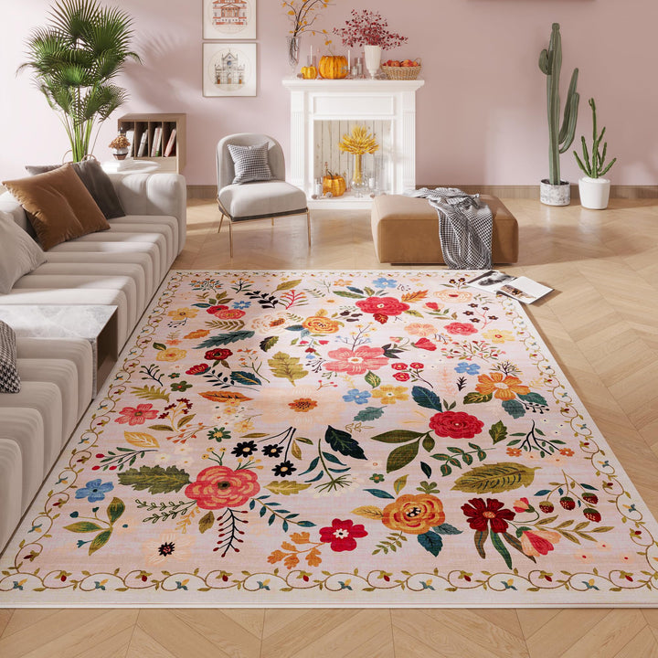 Rugcomf Washable Area Rug 8x10, Distressed Medallion, Beige