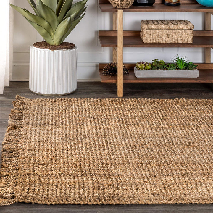 JONATHAN Y NRF103A-8 Pata Hand Woven Chunky Jute with Fringe Indoor Area -Rug Bohemian Farmhouse Easy -Cleaning Bedroom Kitchen Living Room Non Shedding, 8 ft x 10 ft, Natural Color 