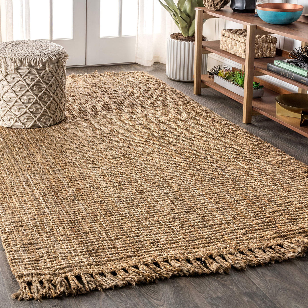 JONATHAN Y NRF103A-8 Pata Hand Woven Chunky Jute with Fringe Indoor Area -Rug Bohemian Farmhouse Easy -Cleaning Bedroom Kitchen Living Room Non Shedding, 8 ft x 10 ft, Natural Color 