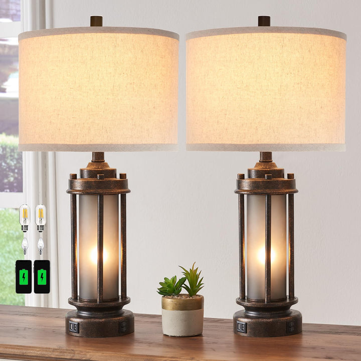 AIEAMPDO Set of 2 Farmhouse Table Lamps for Living Room with USB C+A Ports 