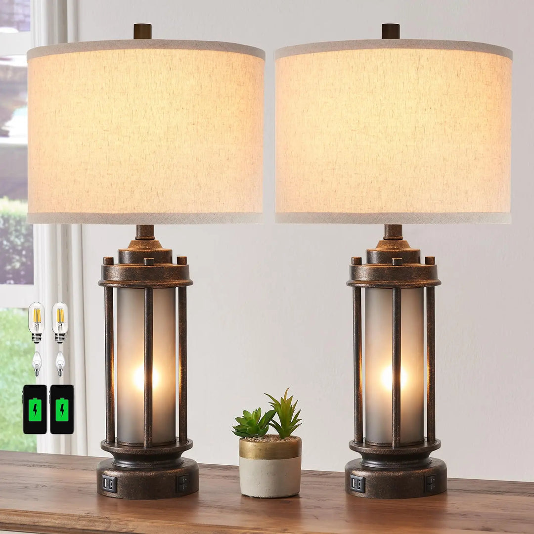 AIEAMPDO Set of 2 Farmhouse Table Lamps for Living Room with USB C+A Ports