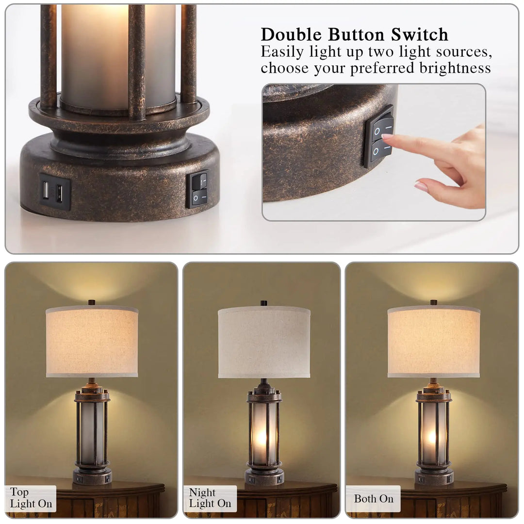 AIEAMPDO Set of 2 Farmhouse Table Lamps for Living Room with USB C+A Ports