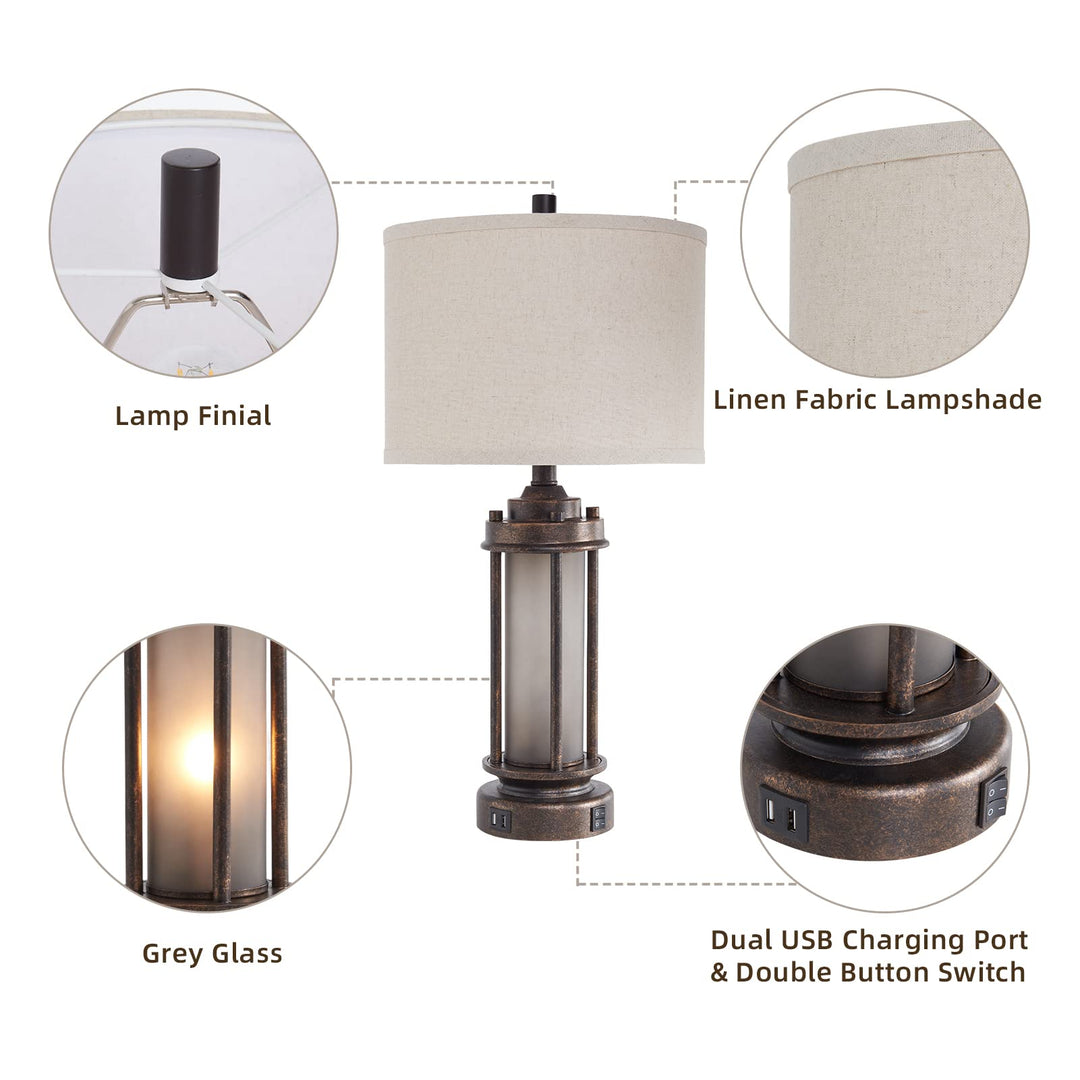 AIEAMPDO Set of 2 Farmhouse Table Lamps for Living Room with USB C+A Ports 