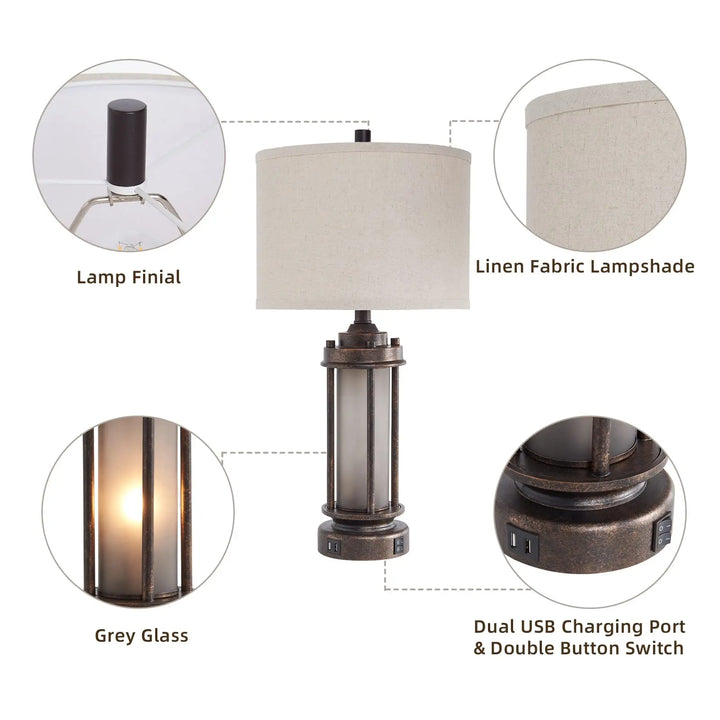AIEAMPDO Set of 2 Farmhouse Table Lamps for Living Room with USB C+A Ports