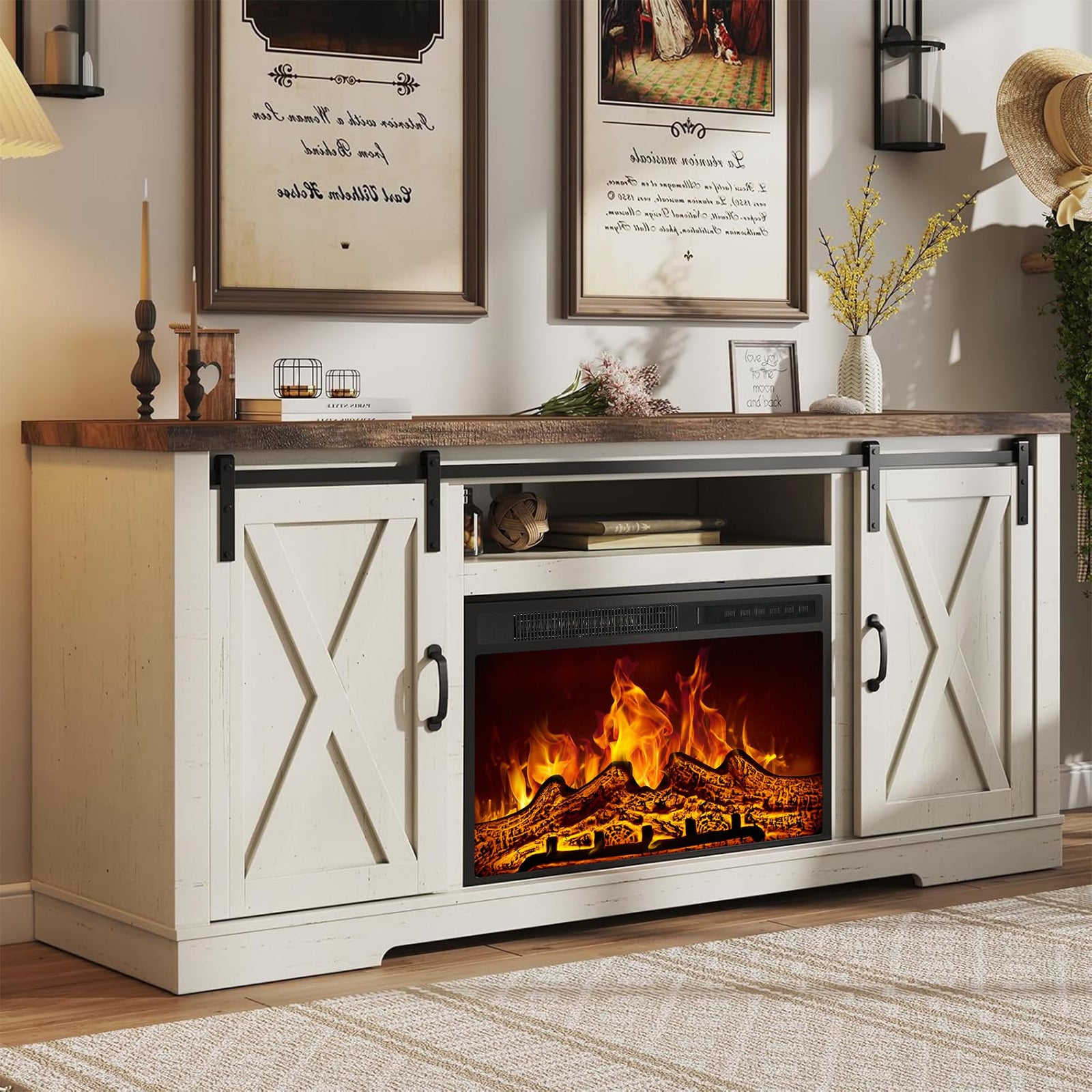 AMERLIFE 59" Fireplace TV Stand for TVs up to 65" with Sliding Barn Doors 