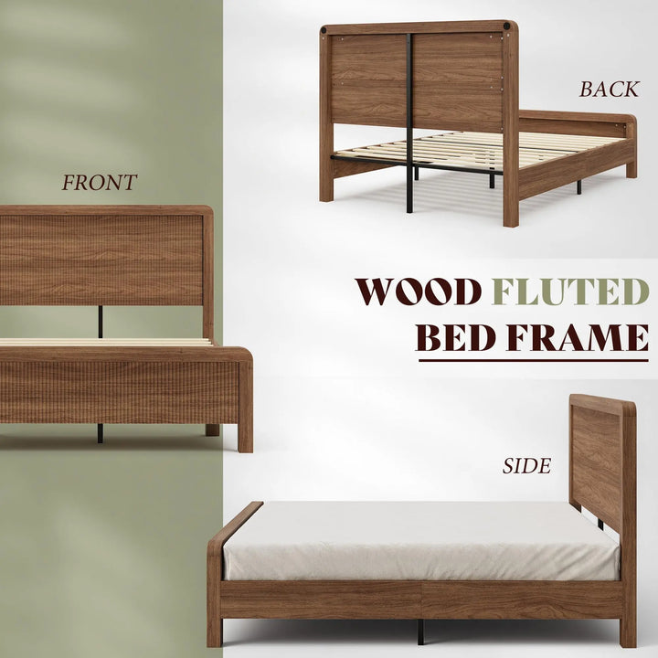 AMERLIFE Wood Queen Bed Frame with Fluted Headboard &amp; Footboard, Walnut 