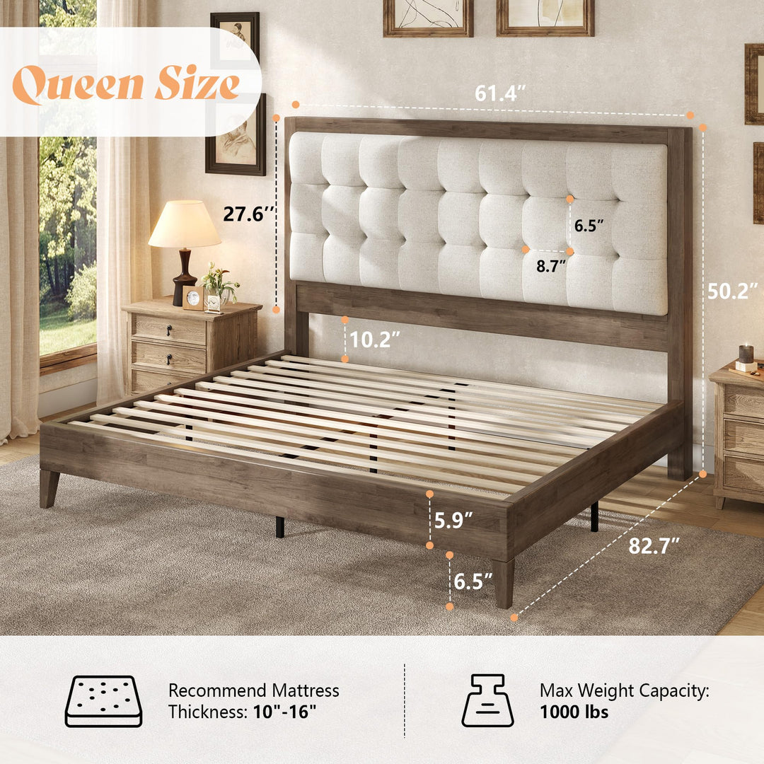 AMERLIFE Solid Wood Queen Bed Frame 50.2" Upholstered Headboard, Ash Gray 