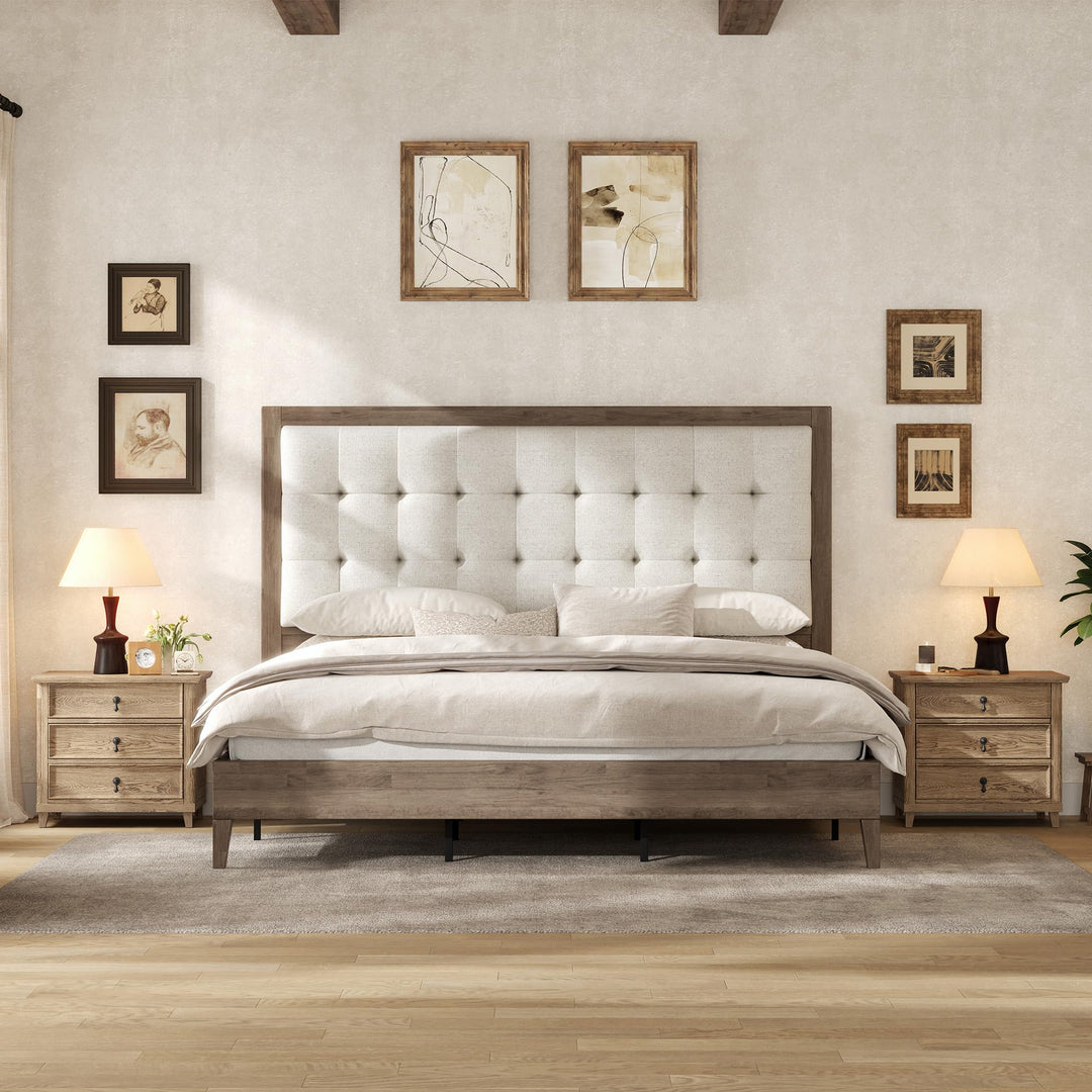 AMERLIFE Solid Wood Queen Bed Frame 50.2" Upholstered Headboard, Ash Gray 