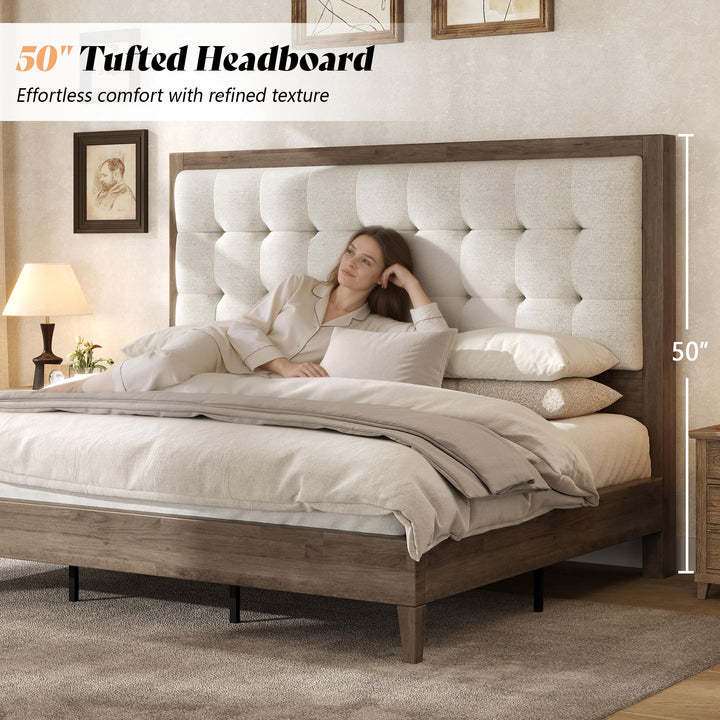AMERLIFE Solid Wood Queen Bed Frame 50.2" Upholstered Headboard, Ash Gray 