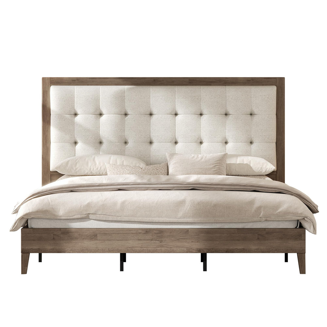 AMERLIFE Solid Wood Queen Bed Frame 50.2" Upholstered Headboard, Ash Gray 