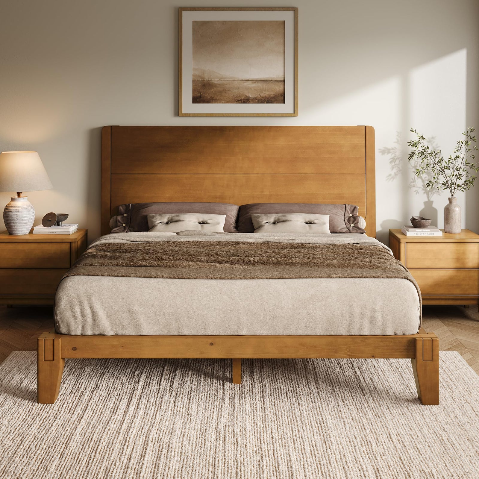 AMERLIFE Solid Wood Queen Bed Frame with Headboard, Japanese Joinery, Brown 