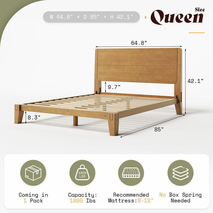 AMERLIFE Solid Wood Queen Bed Frame with Headboard, Japanese Joinery, Brown 