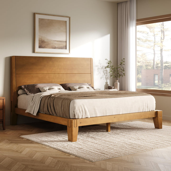 AMERLIFE Solid Wood Queen Bed Frame with Headboard, Japanese Joinery, Brown 