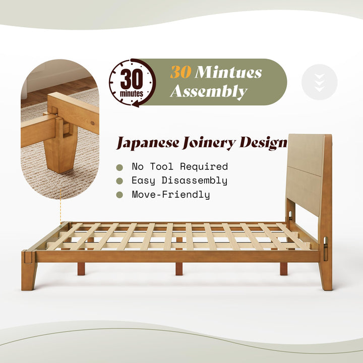 AMERLIFE Solid Wood Queen Bed Frame with Headboard, Japanese Joinery, Brown 