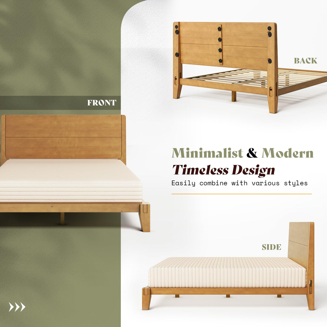 AMERLIFE Solid Wood Queen Bed Frame with Headboard, Japanese Joinery, Brown 