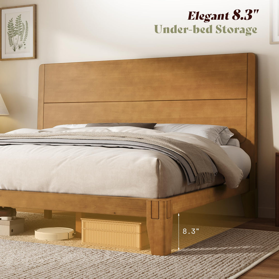 AMERLIFE Solid Wood Queen Bed Frame with Headboard, Japanese Joinery, Brown 