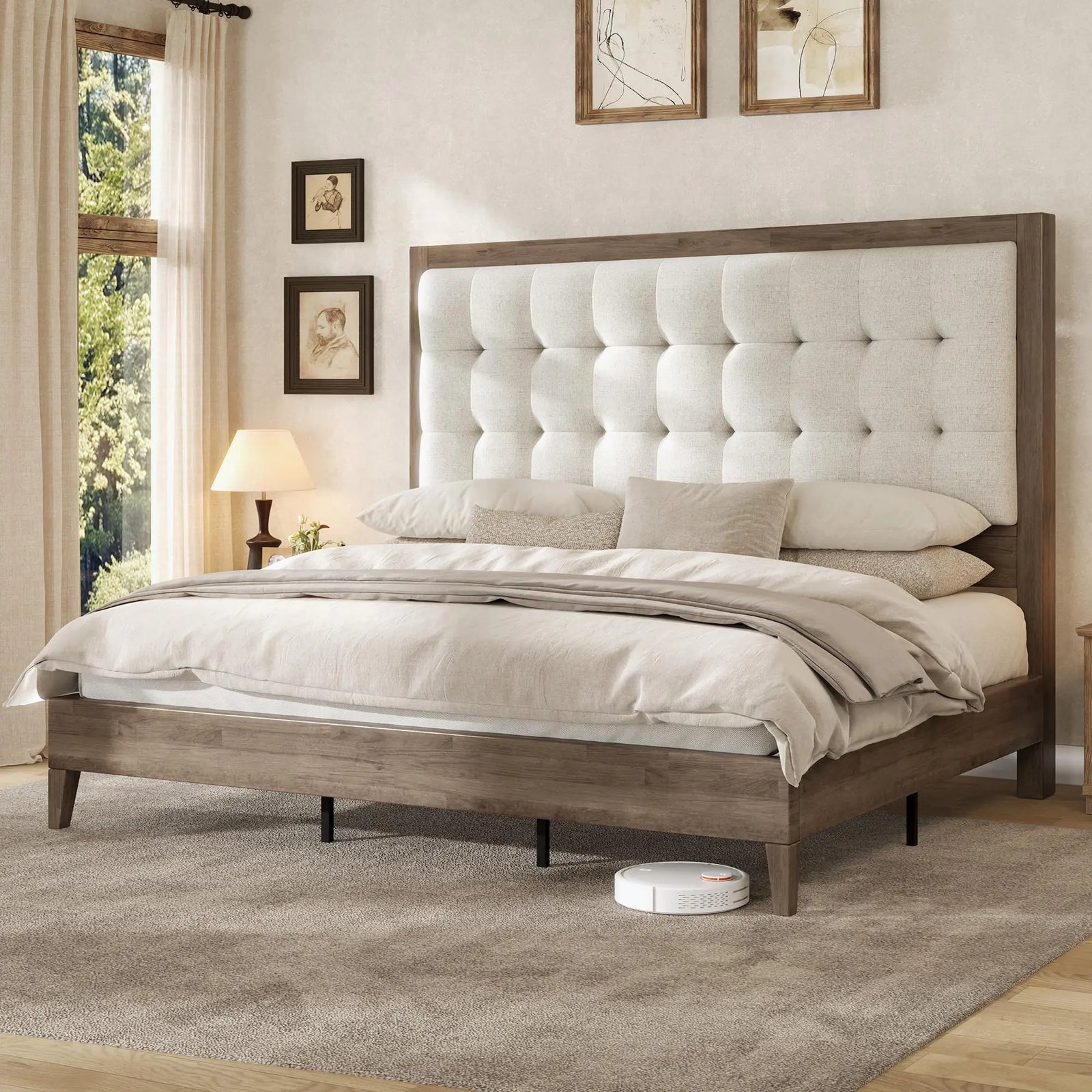 AMERLIFE Solid Wood Queen Bed Frame 50.2" Upholstered Headboard, Ash Gray 