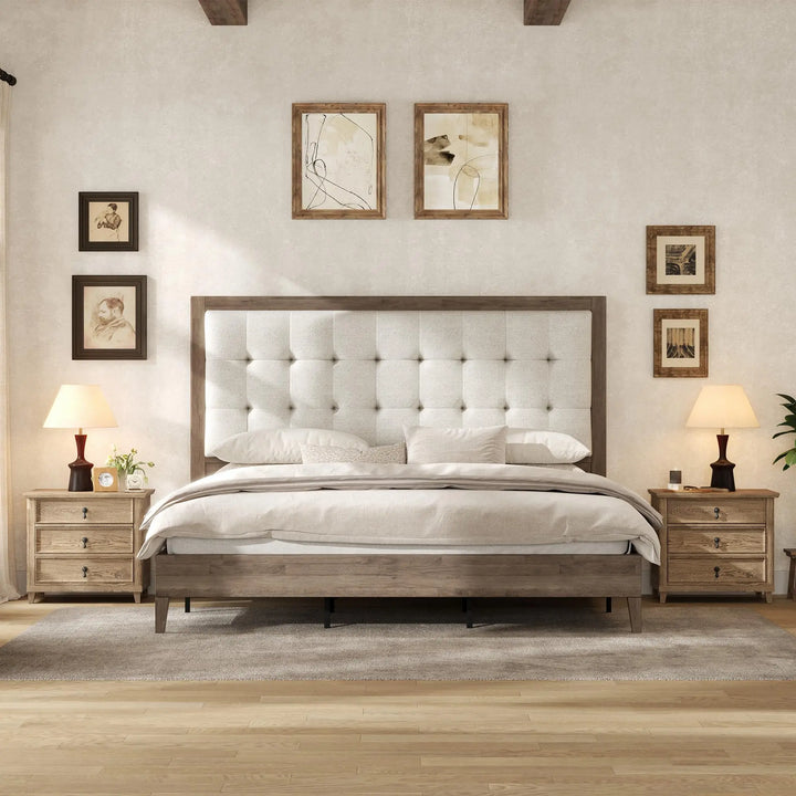 AMERLIFE Solid Wood Queen Bed Frame 50.2" Upholstered Headboard, Ash Gray 