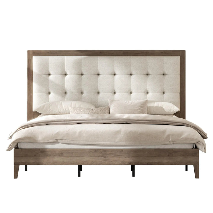 AMERLIFE Solid Wood Queen Bed Frame 50.2" Upholstered Headboard, Ash Gray 