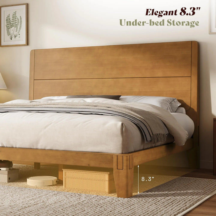 AMERLIFE Solid Wood Queen Bed Frame with Headboard, Japanese Joinery, Brown 