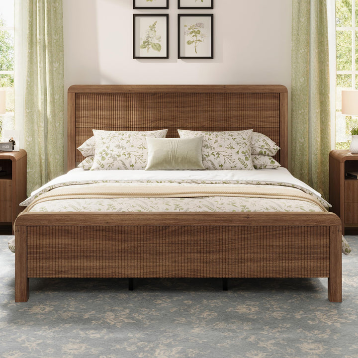AMERLIFE Wood Queen Bed Frame with Fluted Headboard &amp; Footboard, Walnut 