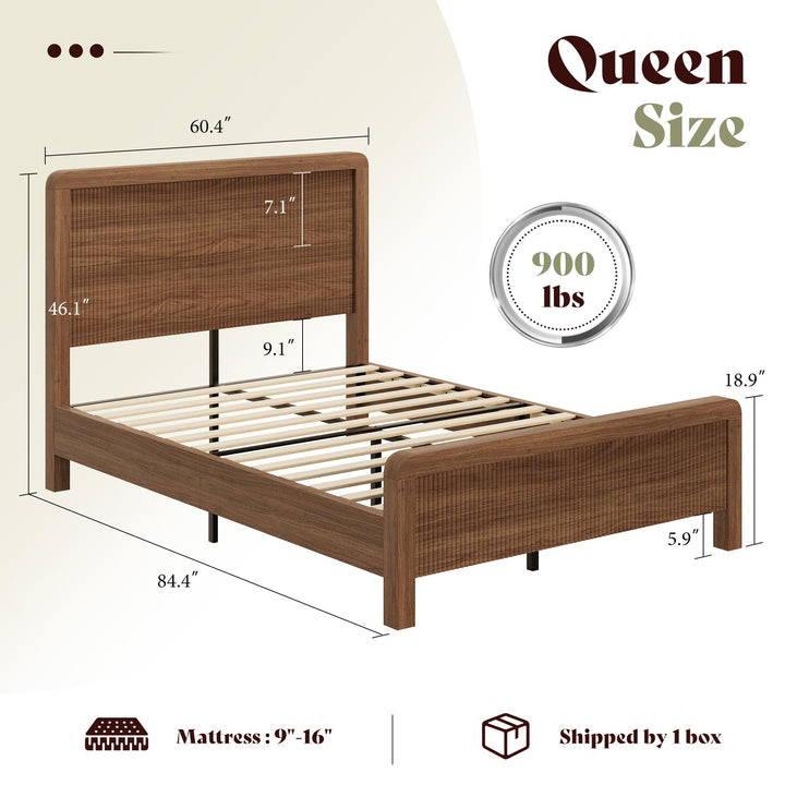 AMERLIFE Wood Queen Bed Frame with Fluted Headboard &amp; Footboard, Walnut 