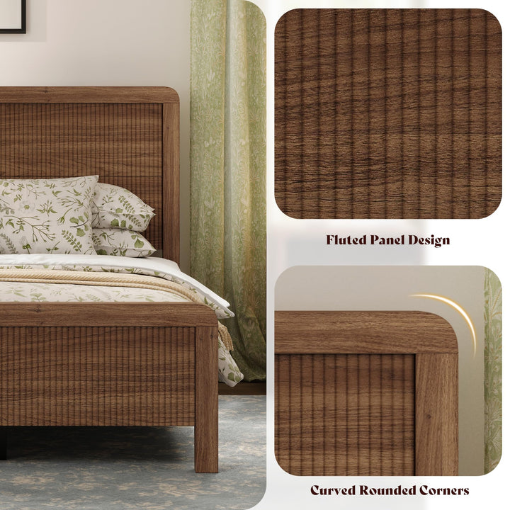 AMERLIFE Wood Queen Bed Frame with Fluted Headboard &amp; Footboard, Walnut 
