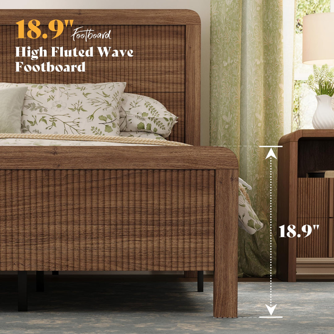 AMERLIFE Wood Queen Bed Frame with Fluted Headboard &amp; Footboard, Walnut 