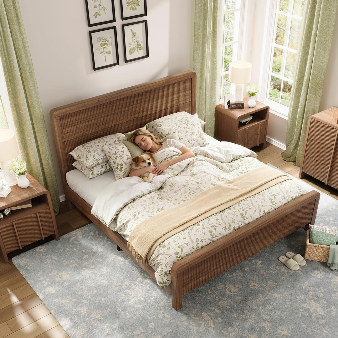 AMERLIFE Wood Queen Bed Frame with Fluted Headboard &amp; Footboard, Walnut 