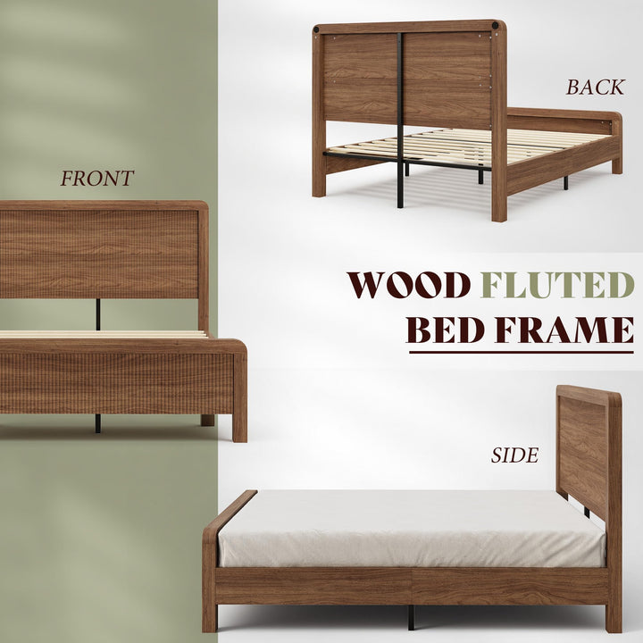 AMERLIFE Wood Queen Bed Frame with Fluted Headboard &amp; Footboard, Walnut 