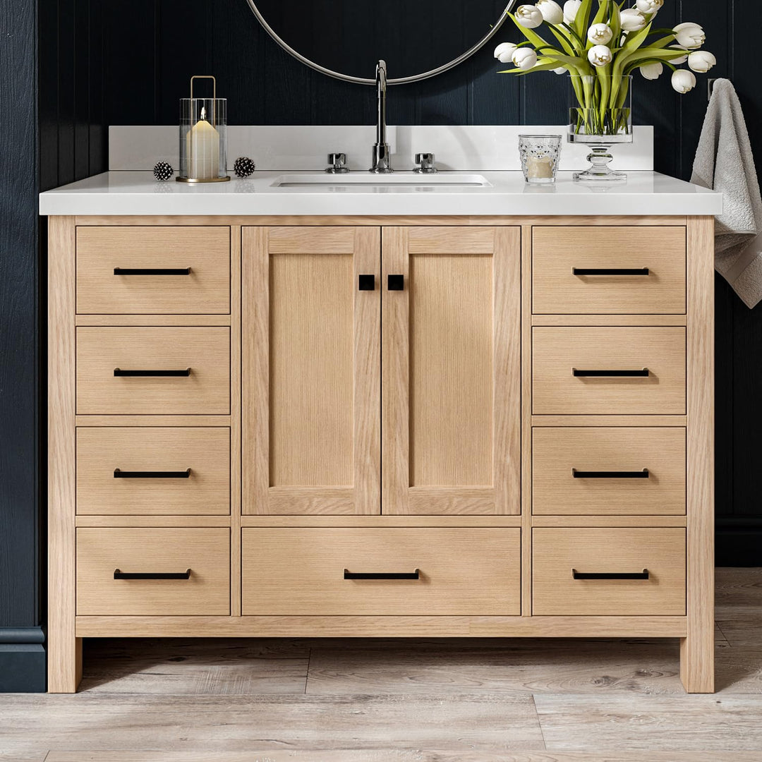ARIEL Cambridge 48-inch Bathroom Vanity with Sink,Solid Wood, 1.5-inch Pure White Quartz Countertop, Single Rectangular Porcelain Sink, 2 Soft Closing Doors, 9 Dovetail Drawers, White Oak 
