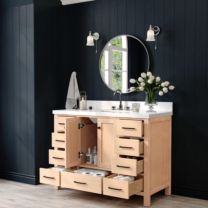 ARIEL Cambridge 48-inch Bathroom Vanity with Sink,Solid Wood, 1.5-inch Pure White Quartz Countertop, Single Rectangular Porcelain Sink, 2 Soft Closing Doors, 9 Dovetail Drawers, White Oak 