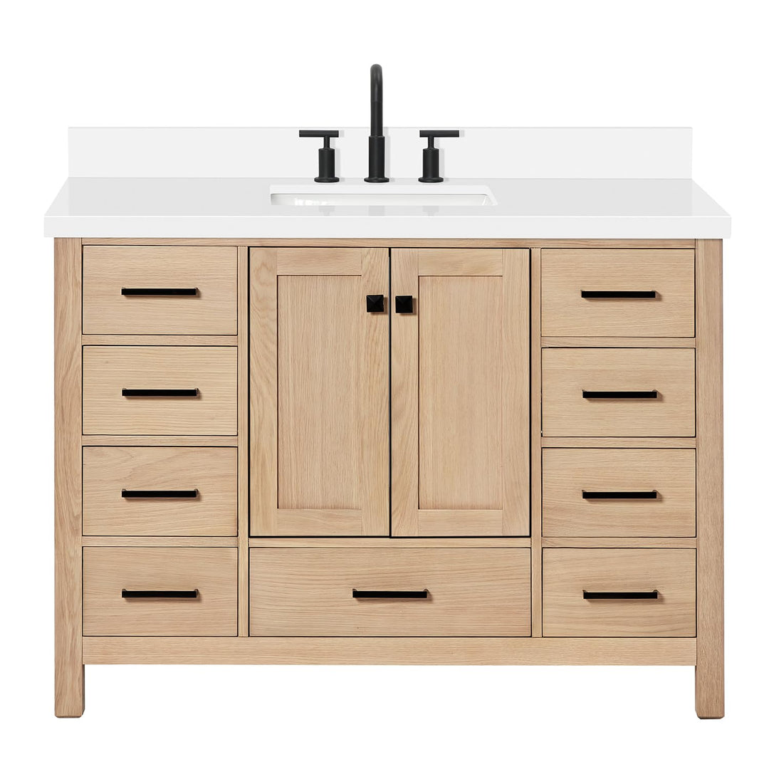 ARIEL Cambridge 48-inch Bathroom Vanity with Sink,Solid Wood, 1.5-inch Pure White Quartz Countertop, Single Rectangular Porcelain Sink, 2 Soft Closing Doors, 9 Dovetail Drawers, White Oak 