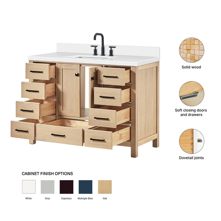 ARIEL Cambridge 48-inch Bathroom Vanity with Sink,Solid Wood, 1.5-inch Pure White Quartz Countertop, Single Rectangular Porcelain Sink, 2 Soft Closing Doors, 9 Dovetail Drawers, White Oak 